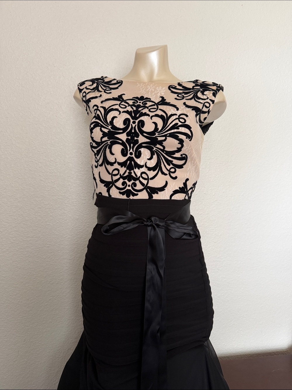 Betsy & Adam Blush Bodice with Black Flocked Embroidery Midi Dress